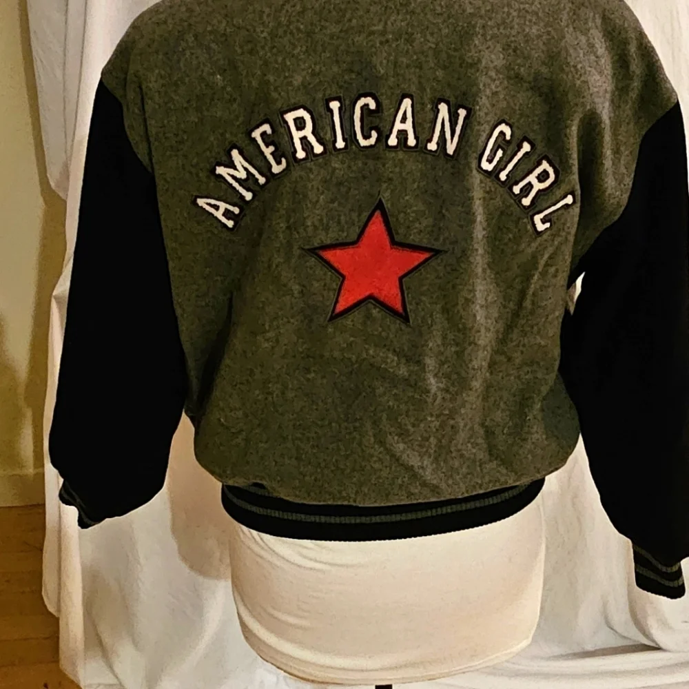 American Girl Varsity Jacket Embroidered Logo Gray Black Wool Blend Girls MEDIUM